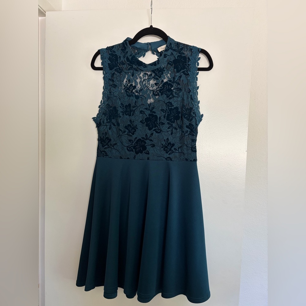 Francesca's Teal Lace Detail Skater Dress